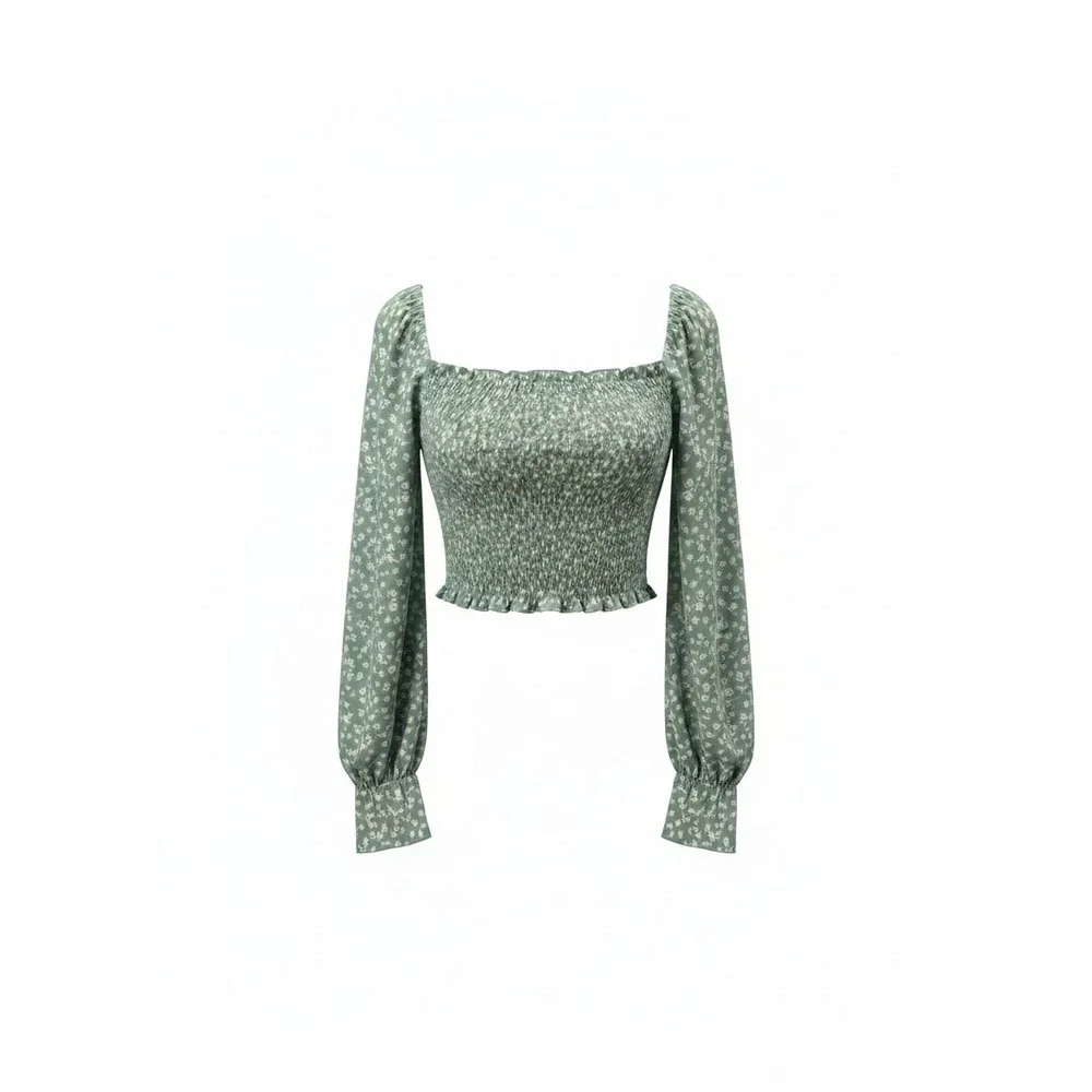 Hespens Sage‎ Green Floral Smocked Crop Top Sweetheart Neck Long Sleeve Size L